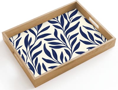 Dienblad hout 40x30 cm - Schootdienblad - Bladeren - Klimop - Donkerblauw - Borrelplank rechthoek - Plateau dienbladen