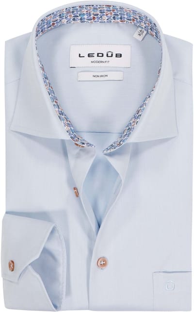 Ledub modern fit overhemd - mouwlengte 72 cm - popeline - lichtblauw - Strijkvrij - Boordmaat: 40 (EU maat: M)