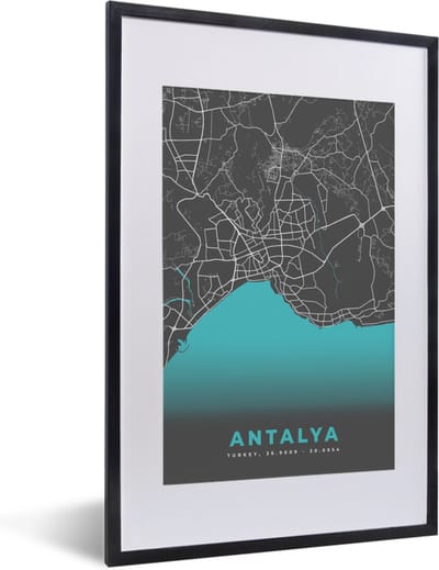 Fotolijst incl. Poster - Antalya - Stadskaart - Plattegrond - Kaart - Blauw - 40x60 cm - Posterlijst