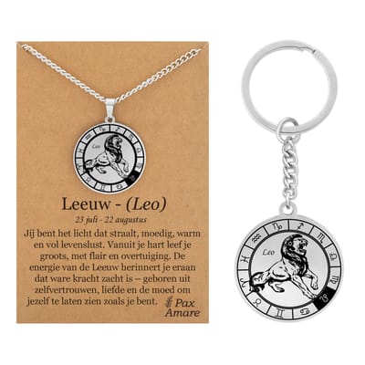 Sterrenbeeld Leeuw / Leo Ketting + Sleutelhanger - Zilverkleurig - Stainless Steel op Cadeau Kaartje- 60cm - Pax Amare
