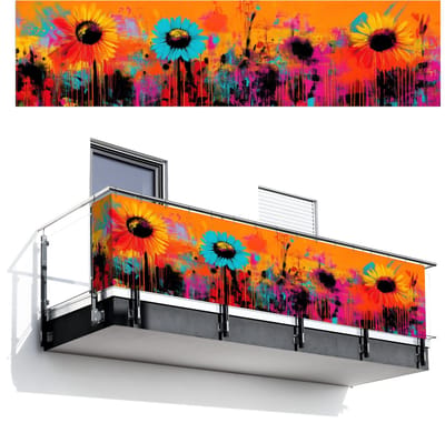 Balkonscherm 500x120 cm - Balkonposter Zonnebloemen - Abstract - Oranje - Balkon scherm decoratie - Balkonschermen - Balkondoek zonnescherm