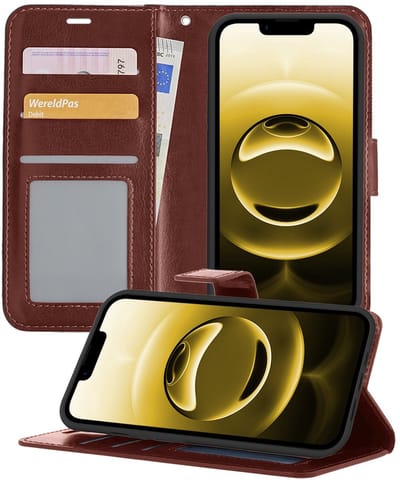 Hoesje - Met Pasjeshouder - Geschikt voor Apple iPhone 16e - Luxe Bookcase Portemonee - Flip Case - Kunstleer Book Case - Flipcase - Book Cover - Walletcase - Portemonneehoes - Telefoonhoesjes - Bruin