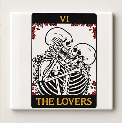 The Lovers Tarot Schedel Art Tegel – 15x15cm Gotische Keramische Wanddecoratie, Romantische Donkere Esthetiek