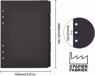 Set van 5 A5 Tabbladen - Dividers Kraft Zwart 220gr Karton geschikt voor 6-Rings Losbladige Organizers + EXTRA Clip Liniaal / Bladwijzer