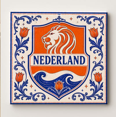Vintage keramische wandtegel “Nederland” – Nederlands leeuwenwapen schild ontwerp – oranje & blauw Holland / Nederland wapen decoratieve wandtegel – traditioneel Europees woondecor & cadeau