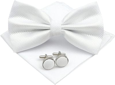 Fako Fashion - Vlinderstrik, Pochette & Manchetknopen - Kleine Ruit - Vlinderdas - Strikje - Pochet - Wit