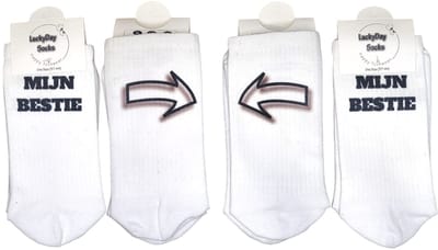 LuckyDay socks- Festival sokken - Vrienden - Verjaardag cadeau - Vrolijke sokken - Witte sokken - Tennis sokken - Sport sokken - Party sokken - Valentijns cadeau - Sokken met tekst - Bestie SET - Grappige sokken - Mismatch sokken - Maat 37-44