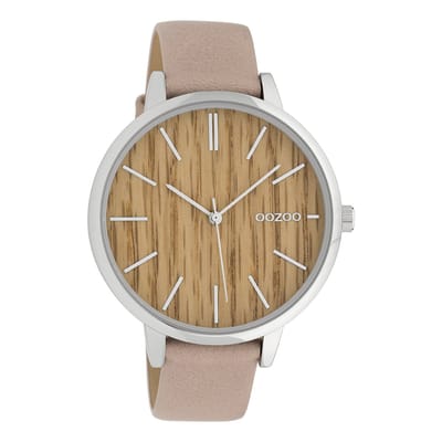 OOZOO Timepieces - Zilverkleurige horloge met zacht roze leren band - C9746