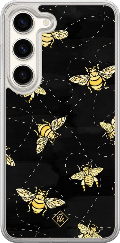 Casimoda® hoesje - Geschikt voor Samsung Galaxy S23 - Bee Happy - 2-in-1 case - Schokbestendig - Illustratie - Verhoogde randen - Zwart, Transparant