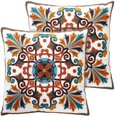 Pack van 2 borduurwerk gooien kussenhoezen 18x18 Inch Katoen Bohemian Decoratie Kussenslopen Geborduurde Kussens Covercases voor Sofa Bank Slaapkamer Woonkamer Auto 18x18 Inch