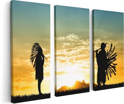 Artaza Canvas Schilderij Drieluik Twee Silhouetten van Indianen bij Zonsondergang - 120x80 - Foto Op Canvas - Canvas Print