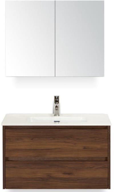 Dante Badmeubelset 80 cm - Walnoot - Keramische Wastafel Wit Cover met Spiegelkast