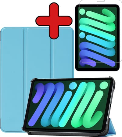 Hoesje Geschikt voor Apple iPad Mini 6 (2021) - 8.3 inch - 6e Generatie - Met Screenprotector - Trifold Bookcase - Hard Cover - Hardcover Book Case - Tablet Hoes - Lichtblauw