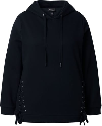 Ulla Popken - Dames - Hoodie fraaie vetersluiting capuchon lange mouwen - Zwart - Maat 42+