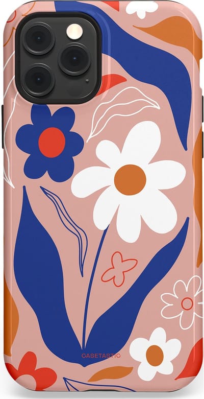 Casetastic hoesje geschikt voor Apple iPhone 12 / Apple iPhone 12 Pro - MagSafe - Dubbellaagse bescherming - Eenvoud in bloei - Fashion Case - Perzik Donkerblauw Wit