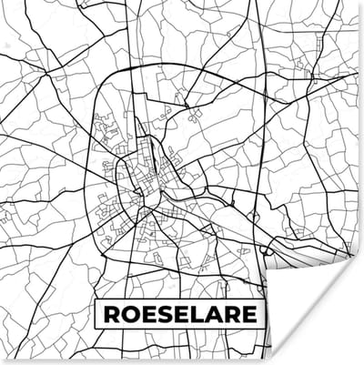 Poster Stadskaart – Zwart Wit - Kaart – Roeselare – België – Plattegrond - 100x100 cm XXL