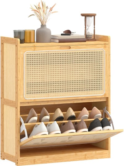 HOMCOM neerklapbare schoenenkast - Bamboe, spaanplaat - 69 x 29 x 83 cm - Natuurlijk hout