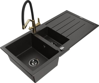 Mexen Andres granieten gootsteen 1,5-kamer met afdruiprek en keukenkraan Duo, zwart/gouden metallic - 6515-75-671701-57-B