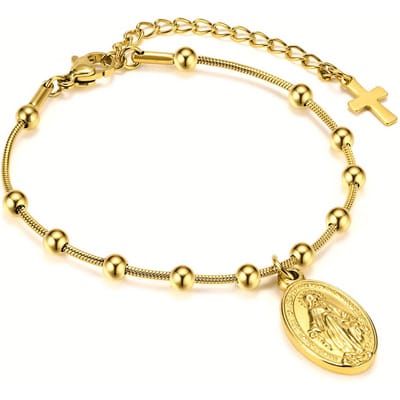 Maagd Maria Rozenkrans Kruis Armband voor Vrouwen, Kralenketting Roestvrij Staal Verstelbaar, Religieuze Sieraden