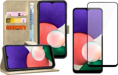 Hoesje geschikt voor Samsung Galaxy A22 5G - Screen Protector - Bookcase Goud - Portemonnee Hoesje