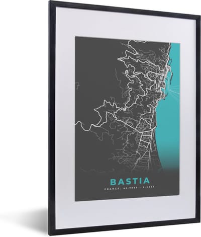 Fotolijst incl. Poster - Kaart - Bastia - Plattegrond - Plattegrond - Stadskaart - 30x40 cm - Posterlijst