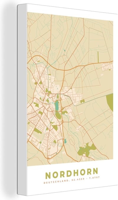 Canvas Schilderij Nordhorn - Plattegrond - Kaart - Vintage - Stadskaart - 20x30 cm - Wanddecoratie