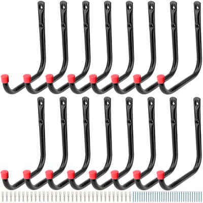 Dailygoods- Opberghaken Heavy Duty - 16 Stuks - Wandgemonteerde J-haken - Ruimtebesparend - Voor Ladders/Tuingereedschap - 17 cm Lang - Wandhaken