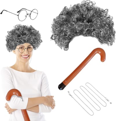 Grijze Krullende Peruk met Bril en Opblaasbare Loopstok voor Oudere Dames Kostuumaccessoires en Cosplay Feestjes