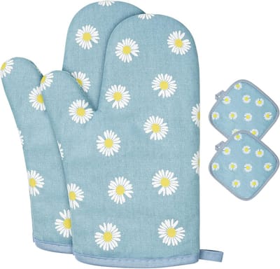 SnelShoppen - Ovenwanten, Pannenlappen, Bakhandschoenen, Kookhandschoenen, Hittebestendig Katoen, Blauw met Bloemen, Antislip, Wasbaar, Voor Koken, Ba