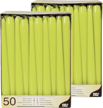 100x stuks Voordeelverpakking dinerkaarsen lime groen - 25 cm - 7 branduren