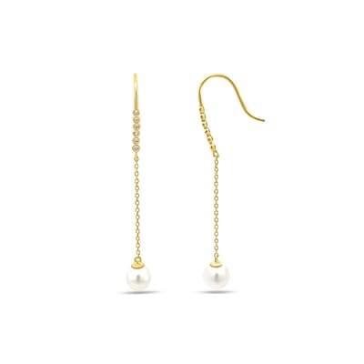 New Bling 9NBSAM-G230281 Gouden Oorhangers met Parel en Zirkonia - 5,4mm - 41mm Totaal Lengte - 14 Karaat - Goud