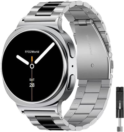 Stravo Stalen schakel band 'Classic' - Hoogwaardig RVS bandje geschikt voor Samsung Galaxy Watch 9 (40/44mm) / Watch 8 (40/44mm) / 8 Classic (46mm) - inclusief inkortset - Zilver/zwart
