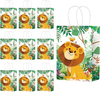 10 Stuks 16x22x8 cm Leeuw Verjaardagstassen voor Kinderen - Jungle Kraft Papieren Party Tassen met Handvatten voor Snoep en Cadeaus - Ideaal voor Kinderfeestjes en Verjaardagen