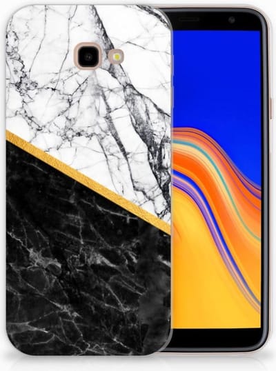 Samsung Galaxy J4 Plus (2018) TPU Siliconen Hoesje Marmer Wit Zwart - Origineel Cadeau Man