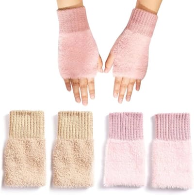 Handschoenen - Dames Handschoenen-Fingerloze Handschoenen-Warme Gebreide Handschoenen - Roze & Beige-2 Paar