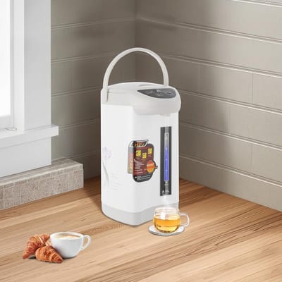 Elektrische Thermoskan 4 Liter - Waterdispenser & Waterkoker 750W - Automatisch Warmhouden - Roestvrij Staal - Zichtbaar Waterniveau - Brede Hals - Veiligheidsschakelaar - Ideale Theepot voor Thuis (Wit)