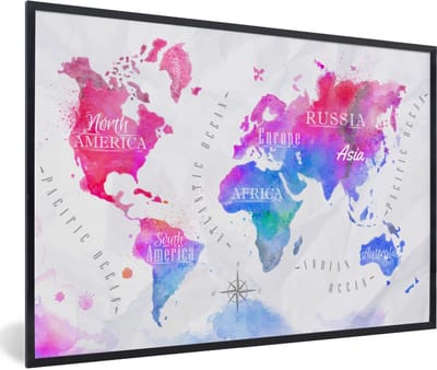 Fotolijst incl. Poster - Kleuren - Wereldkaart - Olieverf - 90x60 cm - Posterlijst