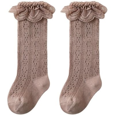 Zomer Babymeisjes Sokken Peuter Strik Lange Sok Kinderen Kniehoog Zacht Katoen Gaas Sok Spaanse Stijl Open Gewerkt Kant Sokken 0-3J S 0-1Years gray