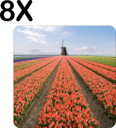 Luxe Placemat - Tulpenveld met Molen in de Verte - Set van 8 Placemats - 50x50 cm - 2 mm dik Vinyl - Anti Slip - Afneembaar