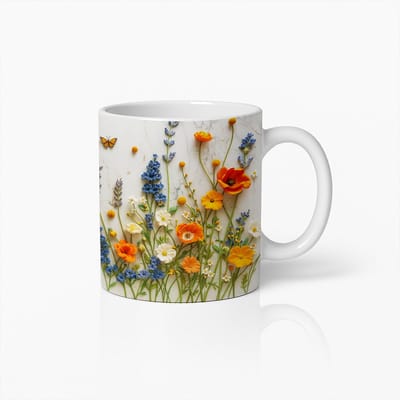 Kleurrijke Wilde Bloemen en Vlinder Keramische Mok – Prachtige Natuur Geïnspireerde Koffiebeker