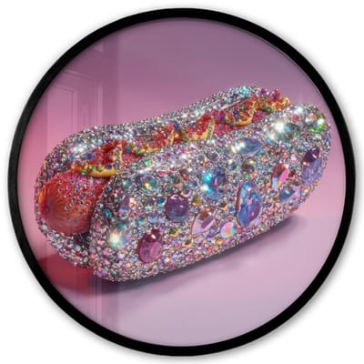 Poster in lijst Rond - Fotolijst 40x40 cm - Posters - Hotdog - Steentjes - Glitters - Paars - Ronde posterlijst zwart - Decoratie - Wanddecoratie woonkamer - Muurdecoratie slaapkamer