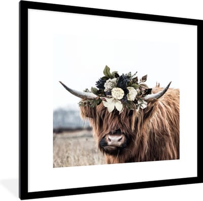 Fotolijst incl. Poster - Schotse Hooglander - Bladeren - 40x40 cm - Posterlijst