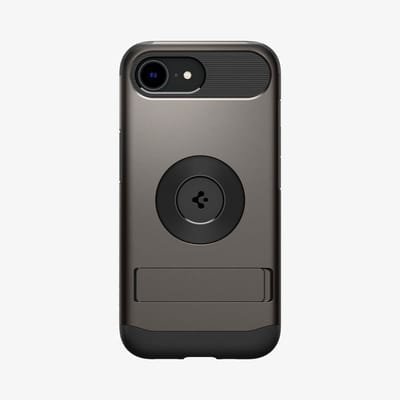 Spigen Slim Armor MagFit Hoesje Geschikt voor Apple iPhone 17e / 16e | Back Cover Compatibel met MagSafe / Qi2 | met Standaard | Air Cushion technologie | Gunmetal