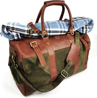 Weekender-Reistas-lederen tas - pellericca - mos-legergroen-Cognacbruin-leder-kalfsleder-sportief + extra bagage sluiting.