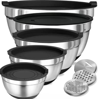 Dutchers® RVS Mengkom met deksel - 13-delig - Beslagkom - Keukenset - Bakset - Bakspullen - Slabak - Rasp - Dunschiller - Mandoline