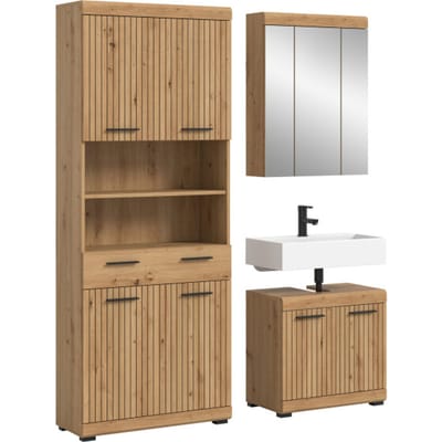 Moderne 3-delige badcombinatie in zwart - Hoge kast- wastafelkast en spiegelkast - 149x191x34cm