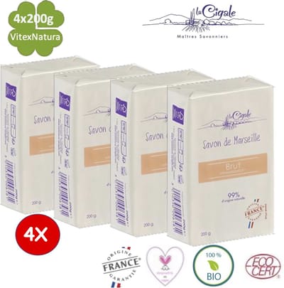 La Cigale Bain Brut Marseille zeep | 4 x 200G | zonder parfum, hypoallergeen, biologisch afbreekbaar