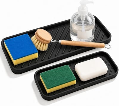 Gootsteenorganizer set van 2, zwarte afdruipmat voor keuken en badkamer, ruimtebesparende organizer voor sponzen, borstels en zeep, 30,5 x 12 cm en 23 x 9 cm