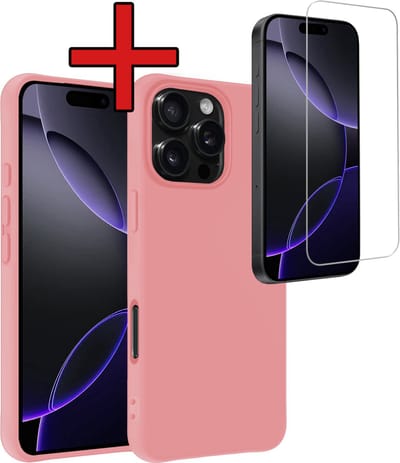 Hoesje - Met Screenprotector - Geschikt voor Apple iPhone 16 Pro - Sterk & Shockproof - Telefoon Hoes - Back Cover - Siliconen Case - Telefoonhoes - Lichtroze