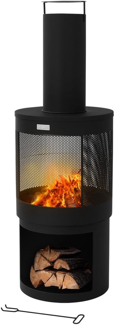 Tuinhaard met schoorsteen 131x45 cm rond zwart stalen terraskachel met pook afneembaar dak ML design